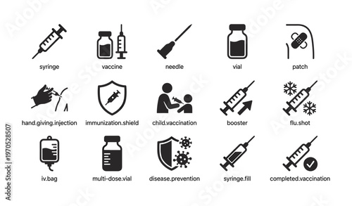 Medical icons set: injection, vaccine, iv bag, vial, needle, syringe, immunization