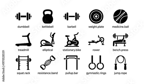 Gym equipment icons: dumbbell, kettlebell, treadmill, rower, pullup bar