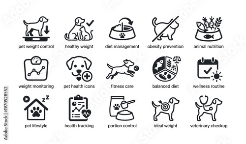 Animal nutrition and health icons for pet weight and diet management