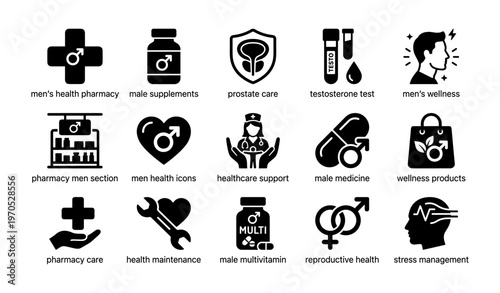 Icons depicting men's health and wellness products and services
