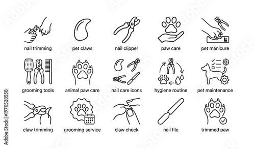 Pet grooming icons: nail clipping tools and care for hygienic maintenance