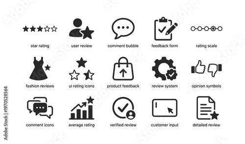 Icon set for user reviews and rating systems featuring various feedback elements