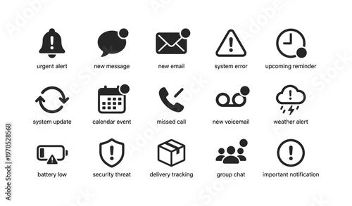 Communication and system alert icons for email, message, calendar, and security