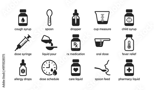 Medical icons: cough syrup, spoon, dropper, and syringe for various dose measurements and relief