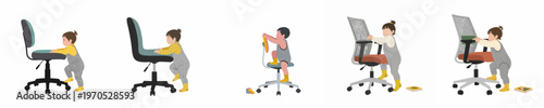 Set of vector illustrations of a toddler exploring and climbing on different office chairs, isolated on a white background.