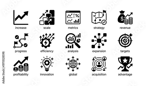 Business strategy icons set: growth, efficiency, innovation, and strategy metrics