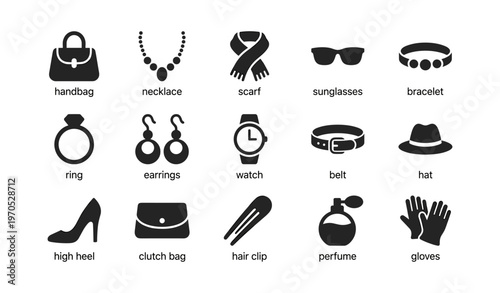Fashion accessories icons: handbag, jewelry, and more essentials