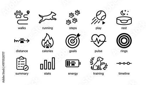 Fitness and activity icons including walks, running, calories, and training
