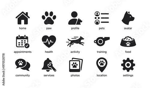 Pet care icons collection: home, paw, profile, health, training, food, community