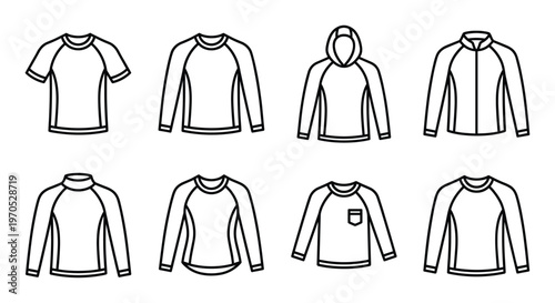Collection of eight tops, t-shirt, long sleeve, hoodie, jacket, isolated line art