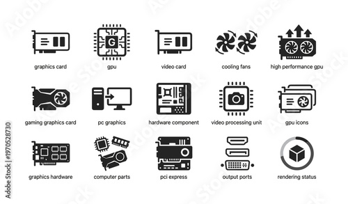 Computer hardware icons - graphics card, gpu, cooling fans, pci express, rendering status