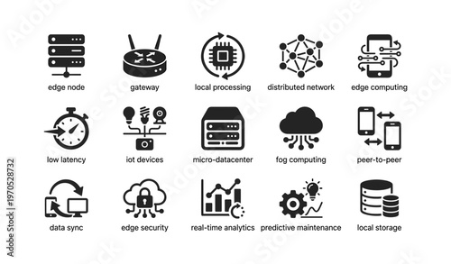 Technology icons set featuring edge computing network iot devices and security