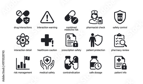 Medical icons for drug interactions, healthcare caution, and patient safety management