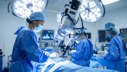 Focused Surgeon Leads Robotic-Assisted Procedure in a High-Tech Operating Room