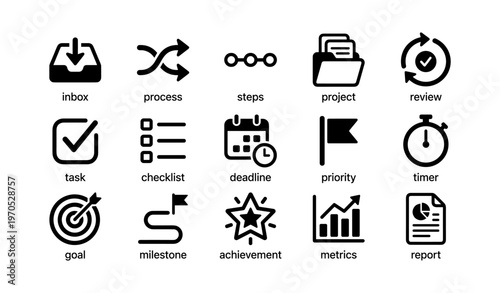 Project management icons set: checklist, timeline, metrics, goal, priority