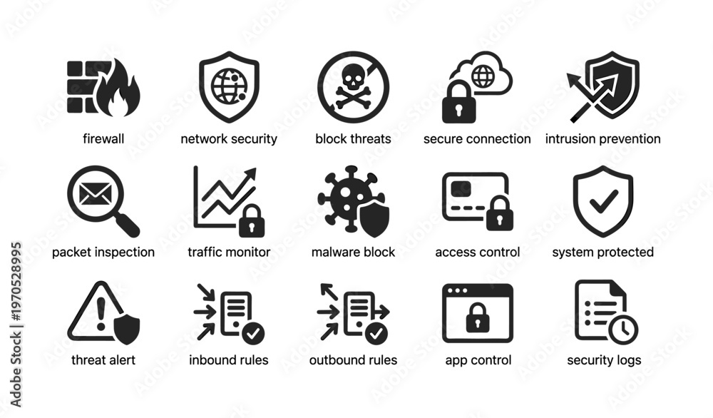 Fototapeta premium Cybersecurity icons illustrating network security and threat prevention concepts