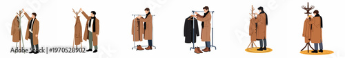 Set of illustrations showing a stylish man in a long brown coat organizing his outerwear on different types of coat racks.