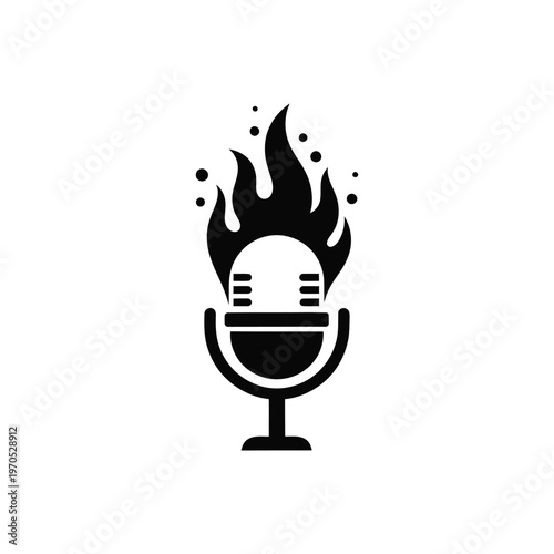 A stylized illustration of a microphone with flames rising from it.