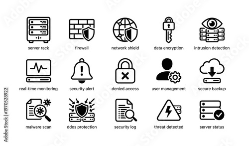 Cybersecurity icons set: server, firewall, shield, encryption, monitoring, alert, access, management