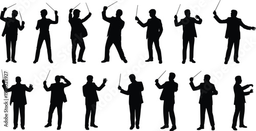 Diverse Silhouettes of Orchestra Conductors in Motion with Batons Keywords: orchestra conductor, silhouette, music, conducting