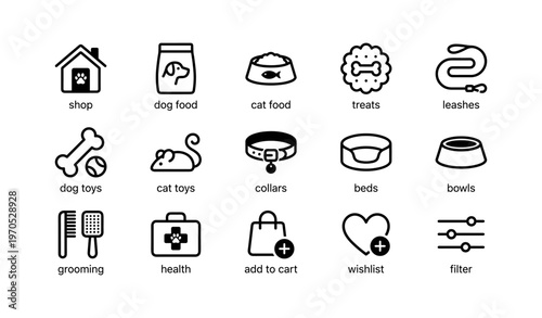 Pet shop icons: essentials for cats and dogs including food, toys, and accessories