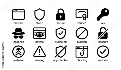 Web security icons: shield, lock, key, malware, phishing