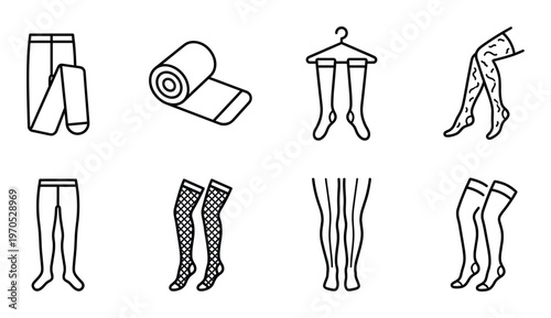 Collection of stylized line art icons representing tights, stockings, and pantyhose for fashion and apparel