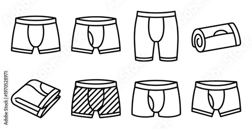 Collection of stylized line art icons representing men's underwear for fashion and apparel design concepts