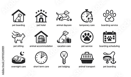 Pet care services icons collection for boarding, daycare, and accommodation options