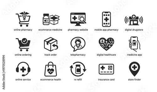 Digital pharmacy and healthcare icons for online services and e-commerce