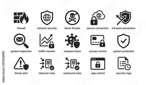 Cybersecurity icons illustrating network security and threat prevention concepts