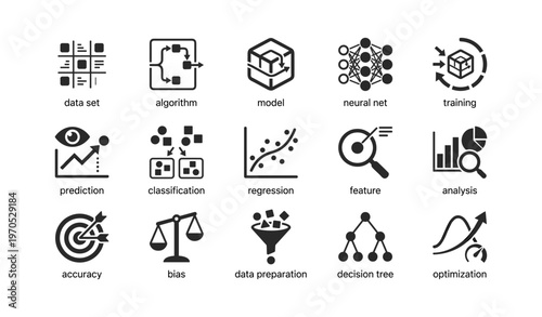 Data science icons: algorithms, models, neural networks, training, and analysis