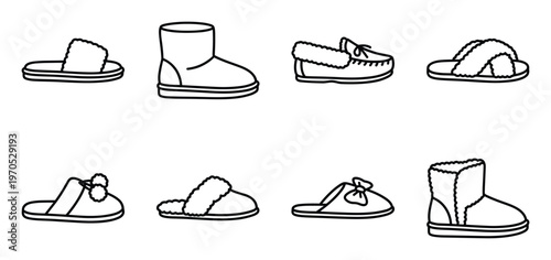 Cozy home slippers line icons collection featuring fuzzy boots flip flops and indoor shoes for comfort