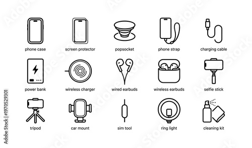 Essential smartphone accessories icons: case, charger, wireless earbuds, and more