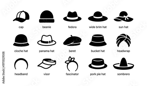 Variety of hats and headwear icons including fedora, beret, and sombrero