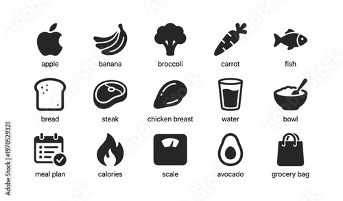 Healthy food and diet icons with fruits vegetables meat and essential items