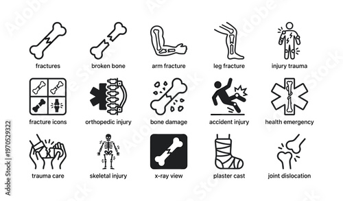Various fracture and injury icons illustrating orthopedic trauma and emergency care