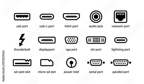 Vector icons of various computer ports and slots for digital devices
