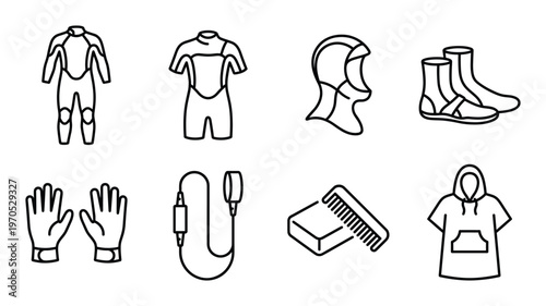 Dive gear set, wetsuits, hood, socks, gloves, comb, hairdryer, shorty, line art