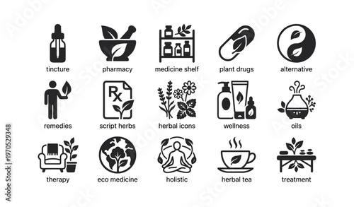Set of medicinal and wellness icons: herbs, alternative medicine, natural remedies