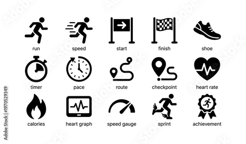 Running icons: speed, start, finish, timer, route, heart rate, achievement