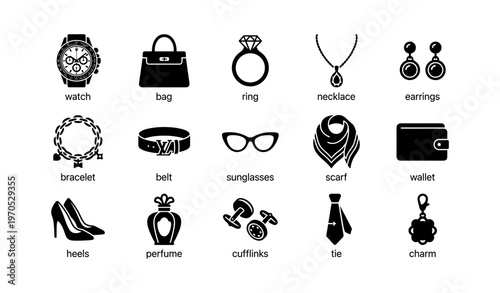 Assorted icon set of fashion accessories including jewelry and apparel items