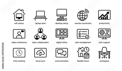 Remote work icons collection: video conference, team collaboration, digital office
