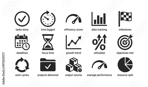 Business performance icons: efficiency, data tracking, growth, deadlines, utilization