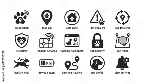 Pet location and safety icons for tracking and security