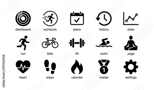 Fitness icons set: dashboard, workouts, plans, history, stats, run, bike, lift, swim, yoga