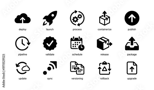 Set of technology icons: deploy, launch, process, containerize, publish