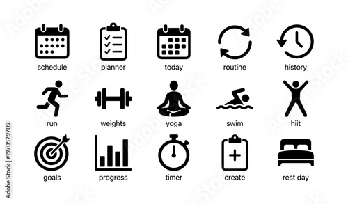 Fitness and wellness icons: schedule, exercise, goals, yoga, swim