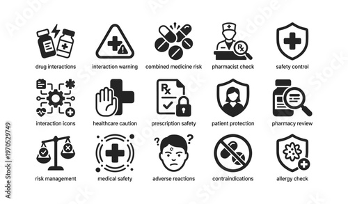 Medical safety icons for drug interactions and healthcare caution