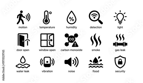 Smart home sensors icons for detection of motion, temperature, and security